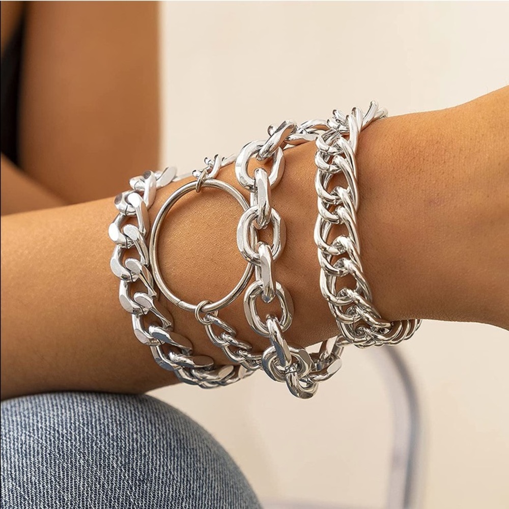 4Pc Silver Cuban Chain Link Style Bracelet Set
